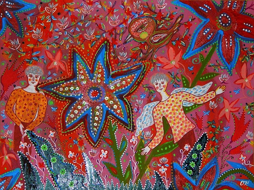 ангелы, два ангела, наивное искусство, картины, наивные художники, Кузьмина Ольга, интуитивное рисование, картины акрилом